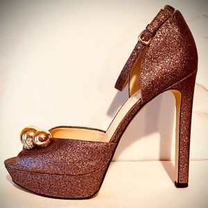 9 West Glitter Stiletto Peep Toe Easter High Heel Sandal Open Bling Sparkly Pink